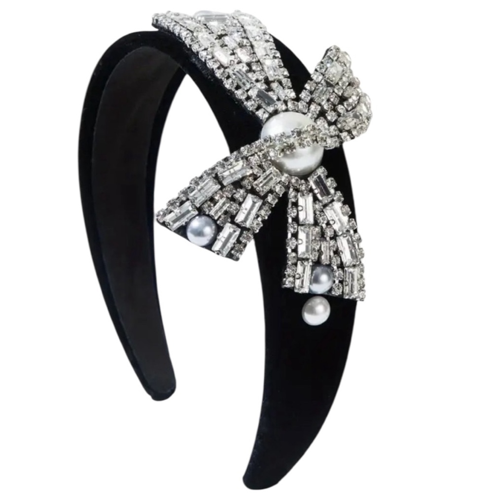 Black Silver Rhinestone Bow Headband